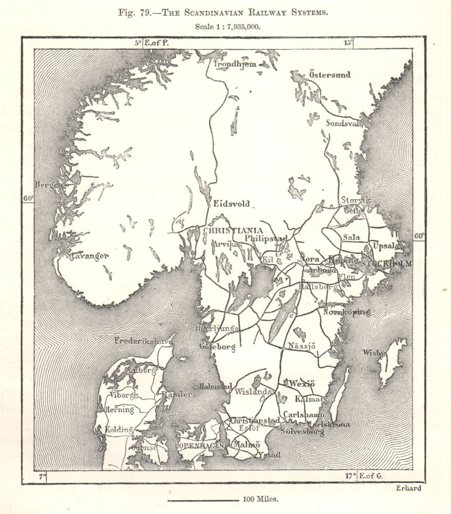 The Scandinavian Railway Systems. Sweden. Sketch map 1885 old antique